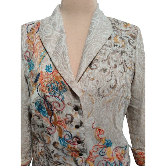 Coldwater Creek 10 Womens Linen Blend Embroidered Boho Chic Artsy Jacket Beige - Picture 13 of 14